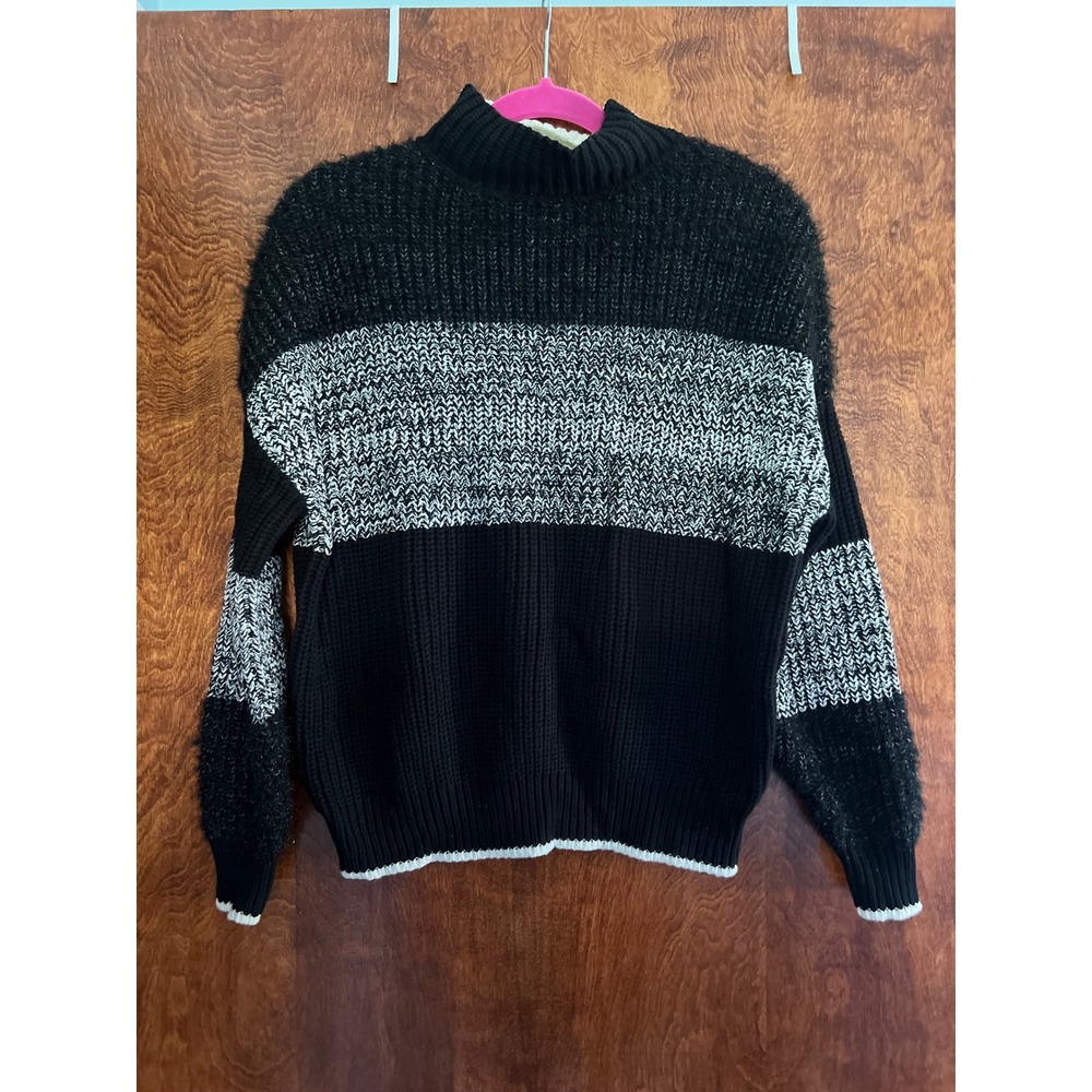 NEW Willow & Root Sweater Women XS Black Striped Mock Neck CD2445 Eyelash Knit